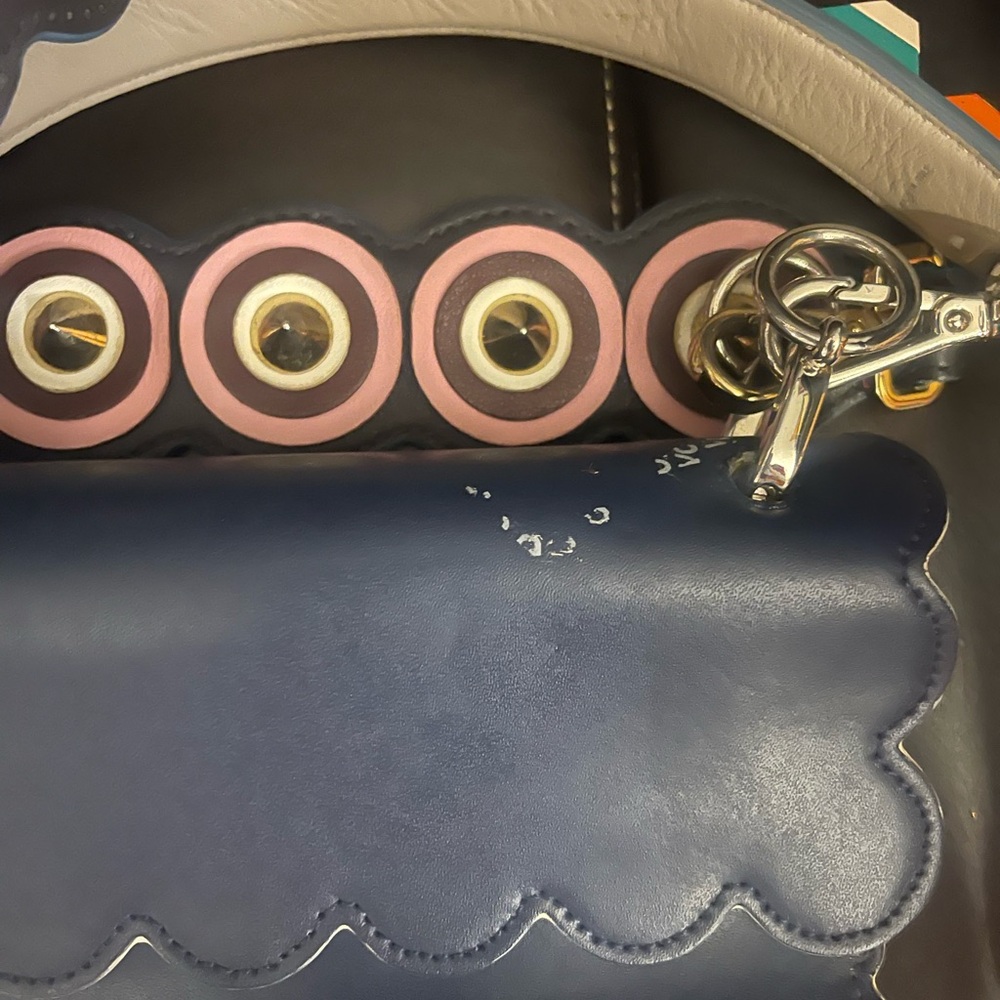 Fendi Kan Navy Blue Scalloped Floral Embellished Shoulder Bag with Pink Accents - Picture 6 of 12